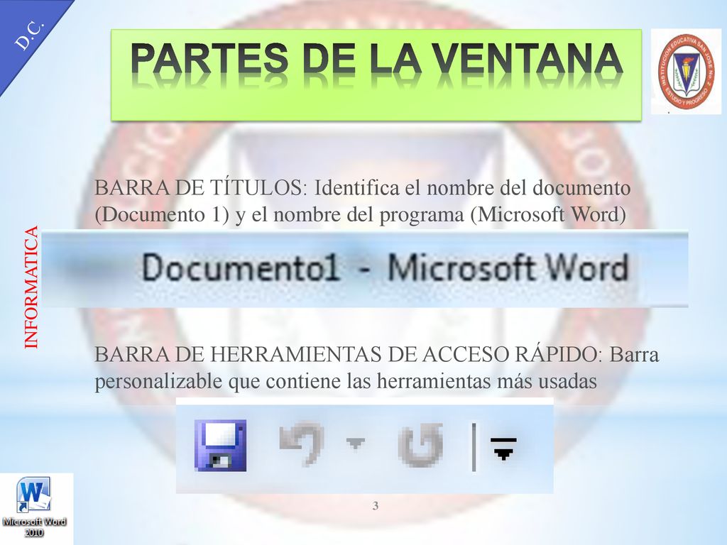PARTES DE LA VENTANA BARRA DE TÍTULOS: Identifica el nombre del documento (Documento 1) y el nombre del programa (Microsoft Word)