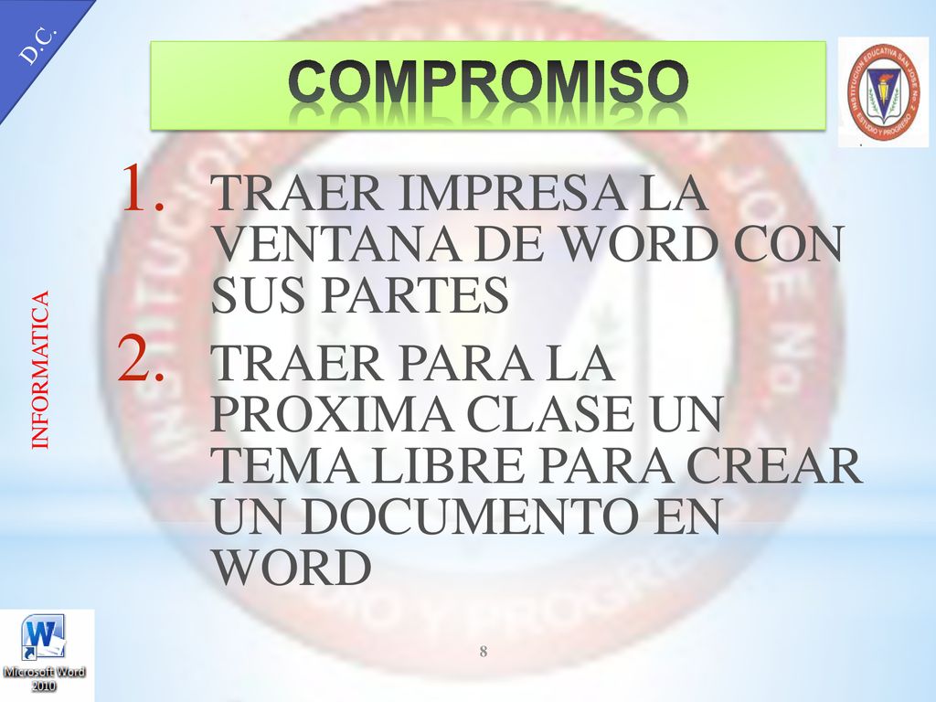 COMPROMISO TRAER IMPRESA LA VENTANA DE WORD CON SUS PARTES
