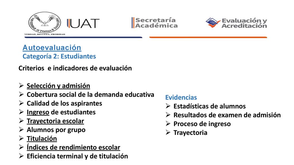 Autoevaluación Categoría 2: Estudiantes. Criterios e indicadores de evaluación. Selección y admisión.