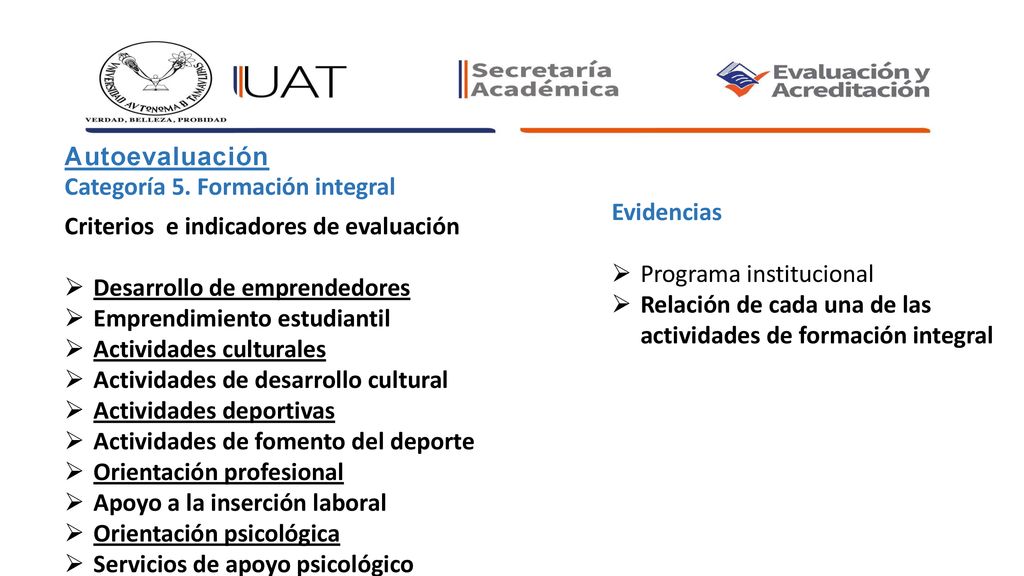 Autoevaluación Categoría 5. Formación integral. Evidencias. Programa institucional. Relación de cada una de las actividades de formación integral.