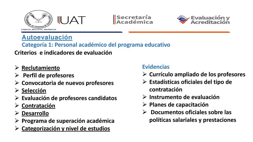 Autoevaluación Categoría 1: Personal académico del programa educativo. Criterios e indicadores de evaluación.