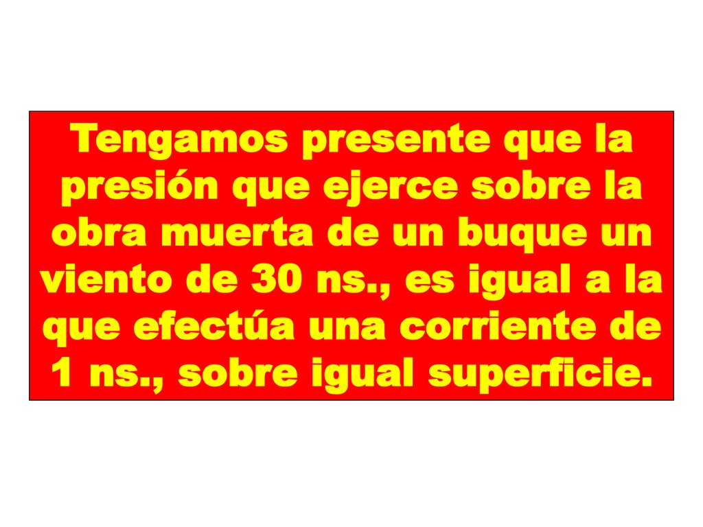 Tengamos presente que la presión que ejerce sobre la obra muerta de un buque un viento de 30 ns., es igual a la que efectúa una corriente de 1 ns., sobre igual superficie.