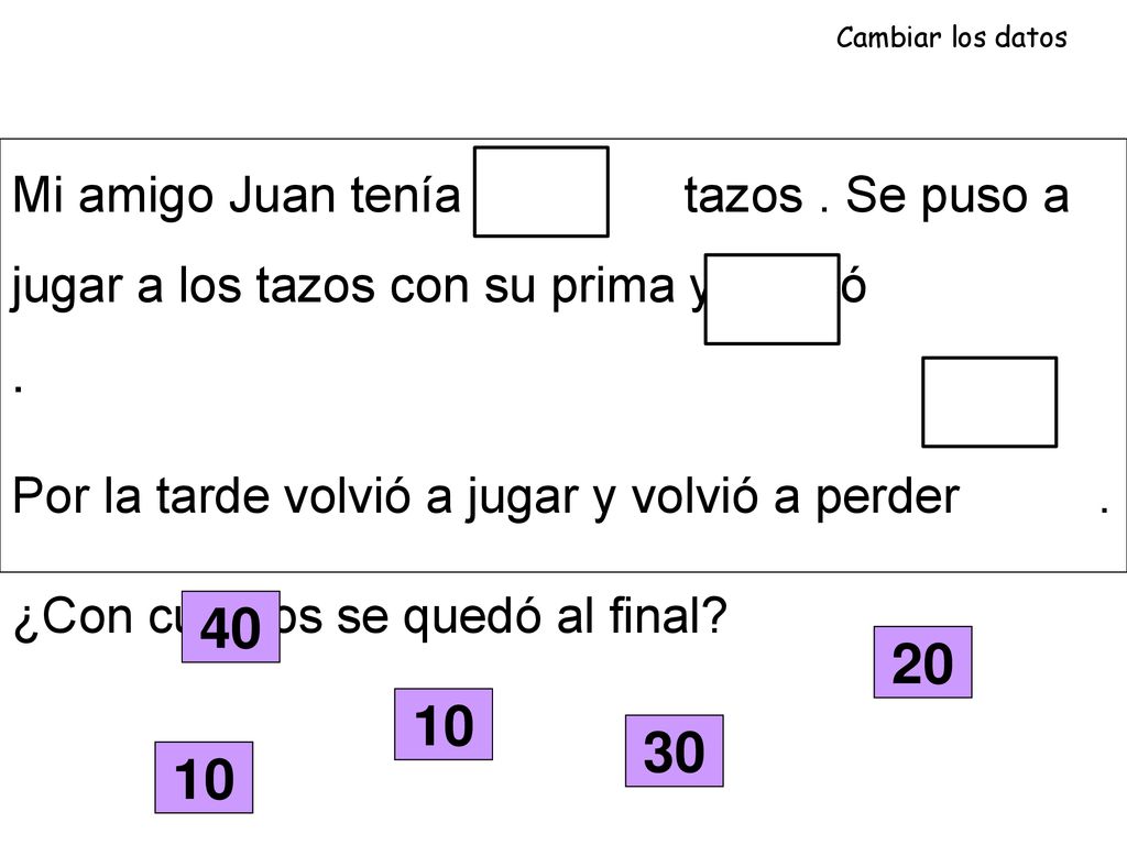 Cambiar los datos Mi amigo Juan tenía tazos . Se puso a jugar a los tazos con su prima y perdió .