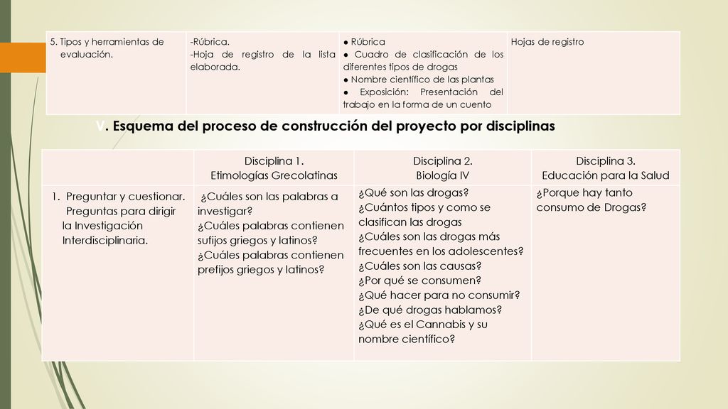 V. Esquema del proceso de construcción del proyecto por disciplinas