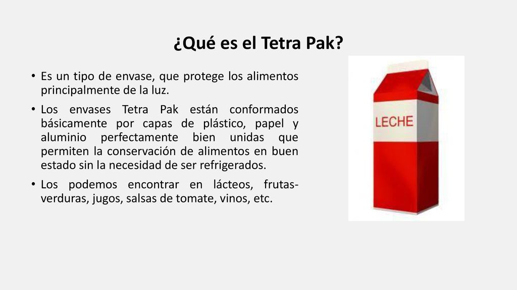 ¿Qué es el Tetra Pak Es un tipo de envase, que protege los alimentos principalmente de la luz.