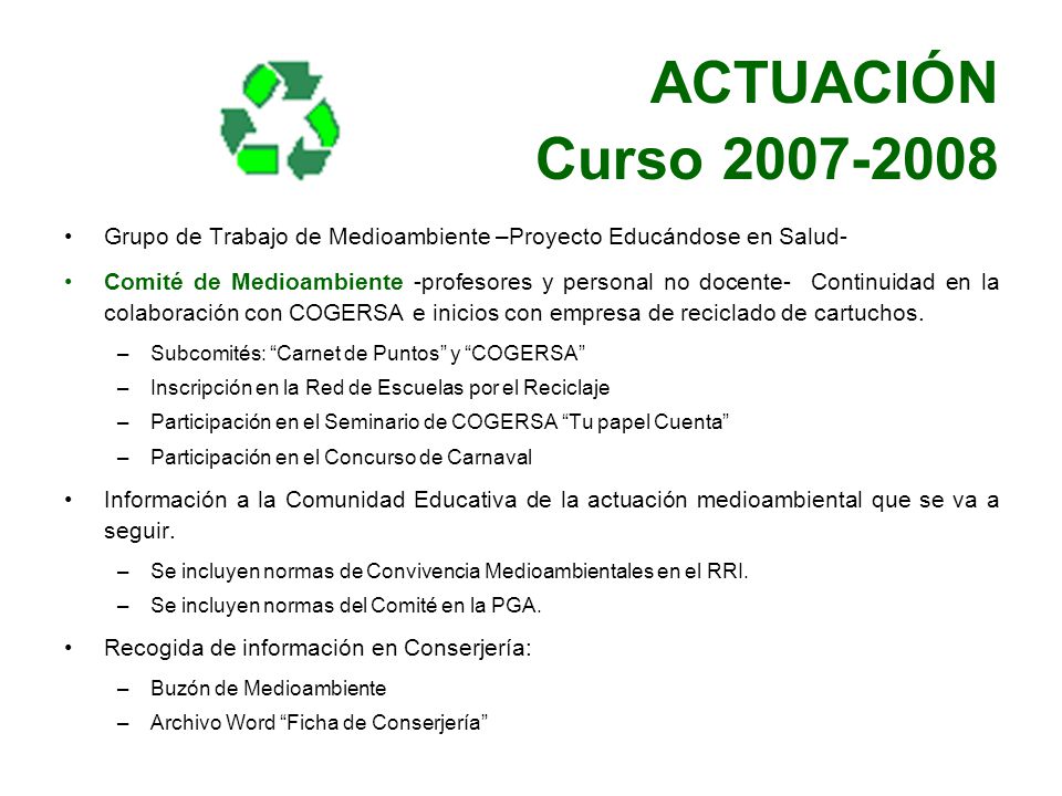 ACTUACIÓN Curso Grupo de Trabajo de Medioambiente –Proyecto Educándose en Salud-