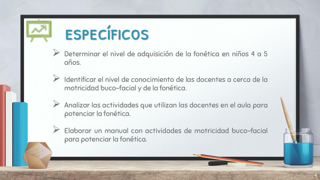 específicos Determinar el nivel de adquisición de la fonética en niños 4 a 5 años.
