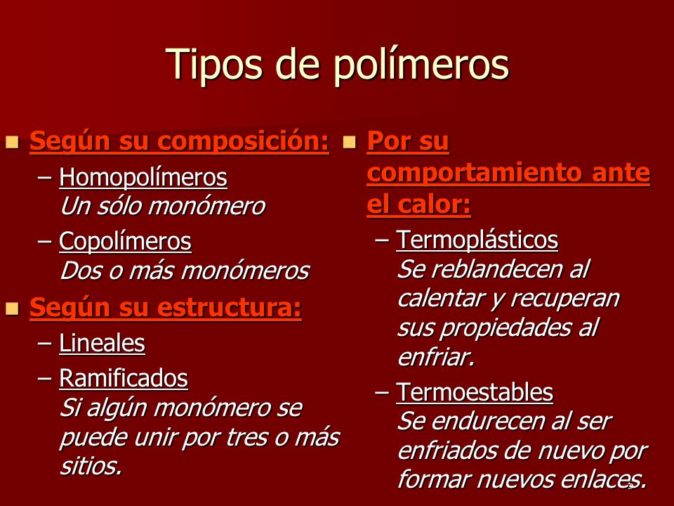Tipos de polímeros Según su composición: Según su estructura: