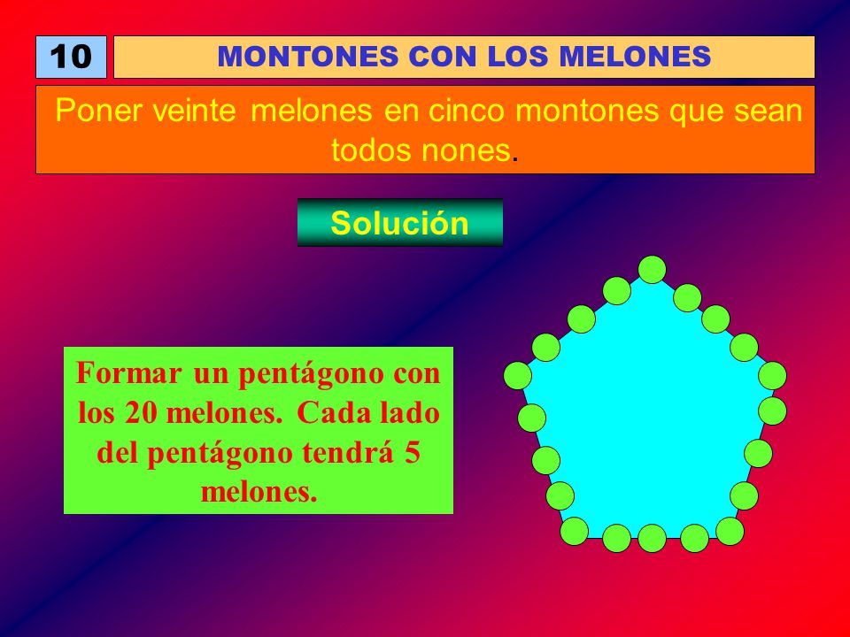 Poner veinte melones en cinco montones que sean todos nones.