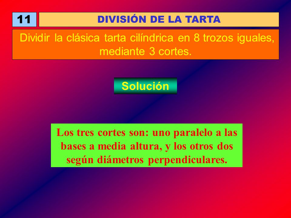 11 DIVISIÓN DE LA TARTA. Dividir la clásica tarta cilíndrica en 8 trozos iguales, mediante 3 cortes.