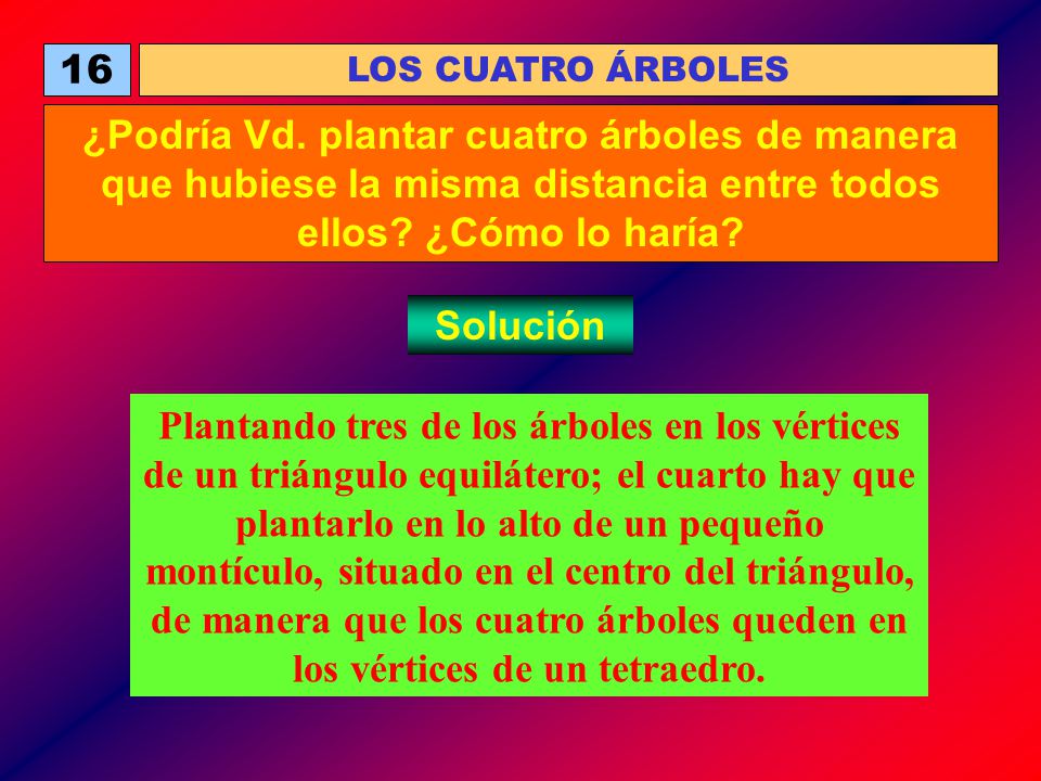 16 LOS CUATRO ÁRBOLES. ¿Podría Vd. plantar cuatro árboles de manera que hubiese la misma distancia entre todos ellos ¿Cómo lo haría