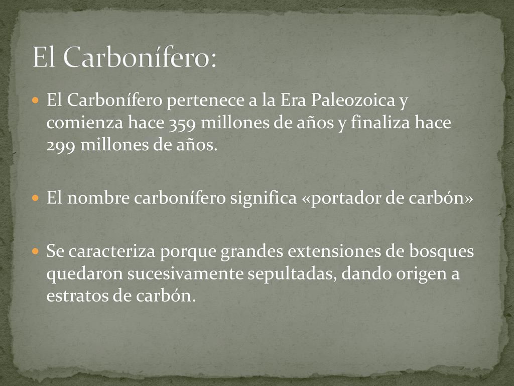 El Carbonífero: El Carbonífero pertenece a la Era Paleozoica y comienza hace 359 millones de años y finaliza hace 299 millones de años.