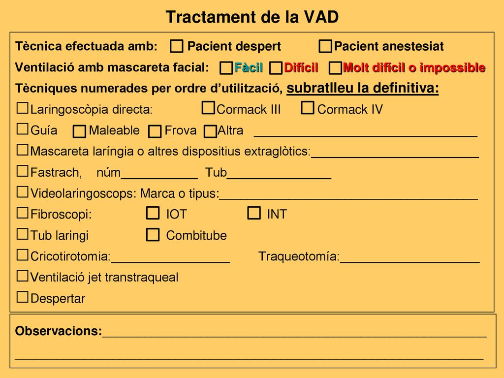 Tractament de la VAD Tècnica efectuada amb: Pacient despert Pacient anestesiat.
