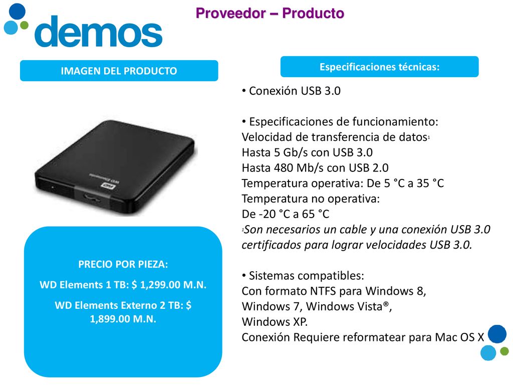 Especificaciones técnicas: WD Elements Externo 2 TB: $ 1, M.N.