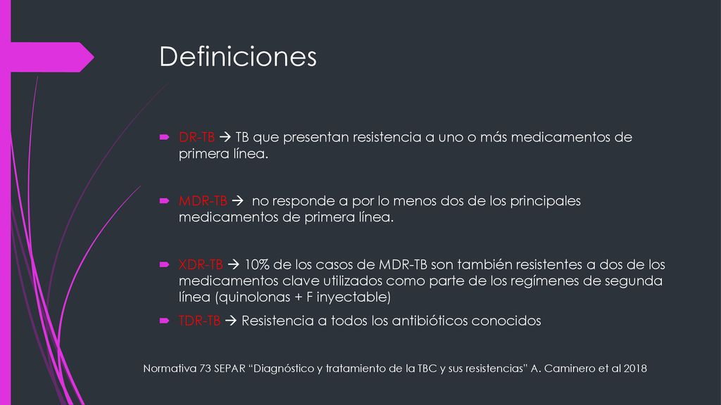 Definiciones DR-TB  TB que presentan resistencia a uno o más medicamentos de primera línea.