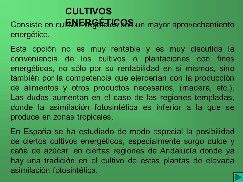 CULTIVOS ENERGÉTICOS. Consiste en cultivar vegetales con un mayor aprovechamiento energético.