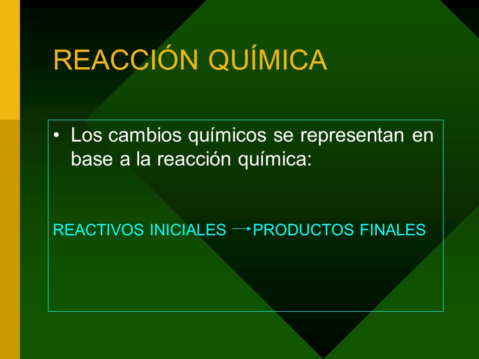 REACCIÓN QUÍMICA Los cambios químicos se representan en base a la reacción química: REACTIVOS INICIALES PRODUCTOS FINALES.