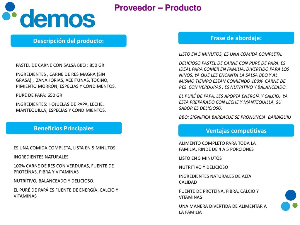 Descripción del producto: Beneficios Principales Ventajas competitivas