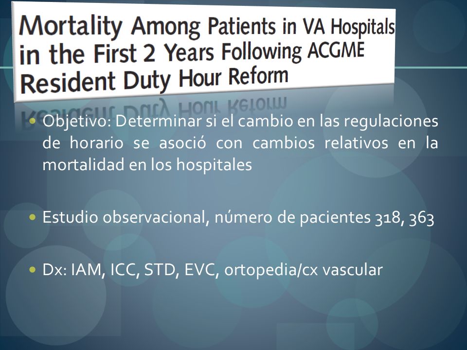 Objetivo: Determinar si el cambio en las regulaciones de horario se asoció con cambios relativos en la mortalidad en los hospitales