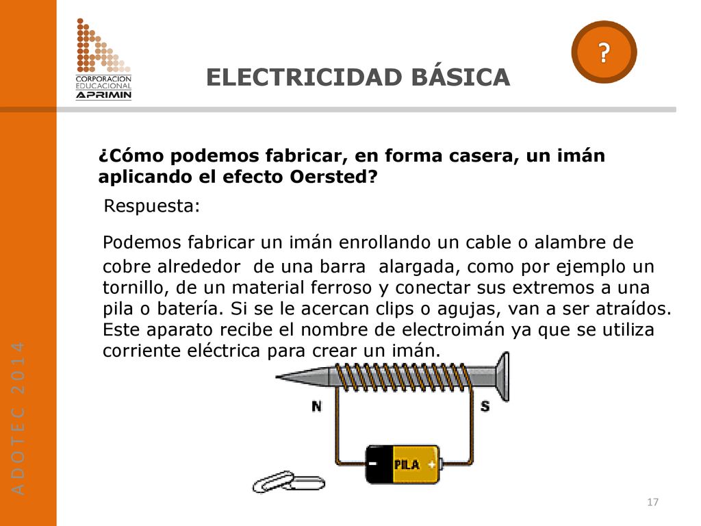 A D O T E C ELECTRICIDAD BÁSICA. ¿Cómo podemos fabricar, en forma casera, un imán. aplicando el efecto Oersted