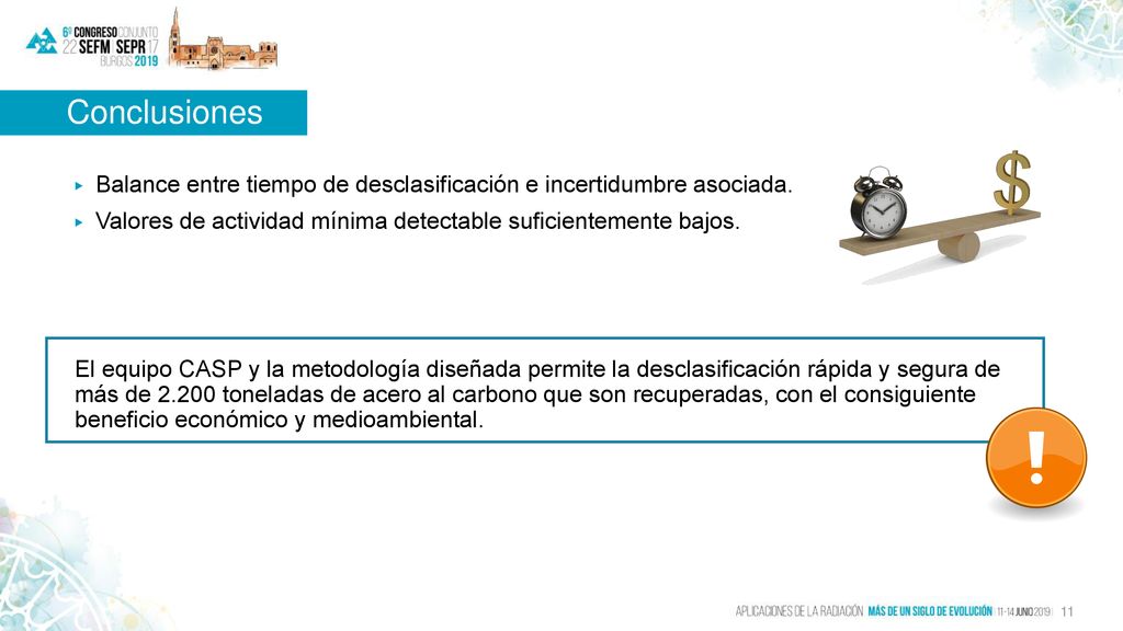 Conclusiones Balance entre tiempo de desclasificación e incertidumbre asociada. Valores de actividad mínima detectable suficientemente bajos.