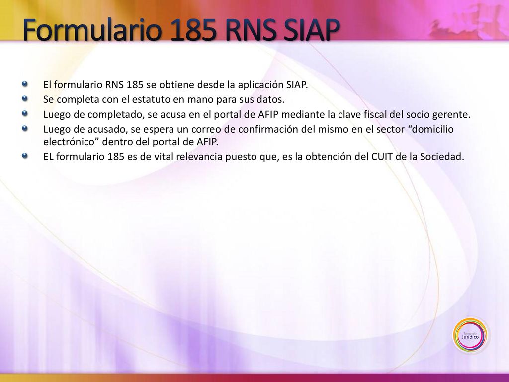 Formulario 185 RNS SIAP El formulario RNS 185 se obtiene desde la aplicación SIAP. Se completa con el estatuto en mano para sus datos.