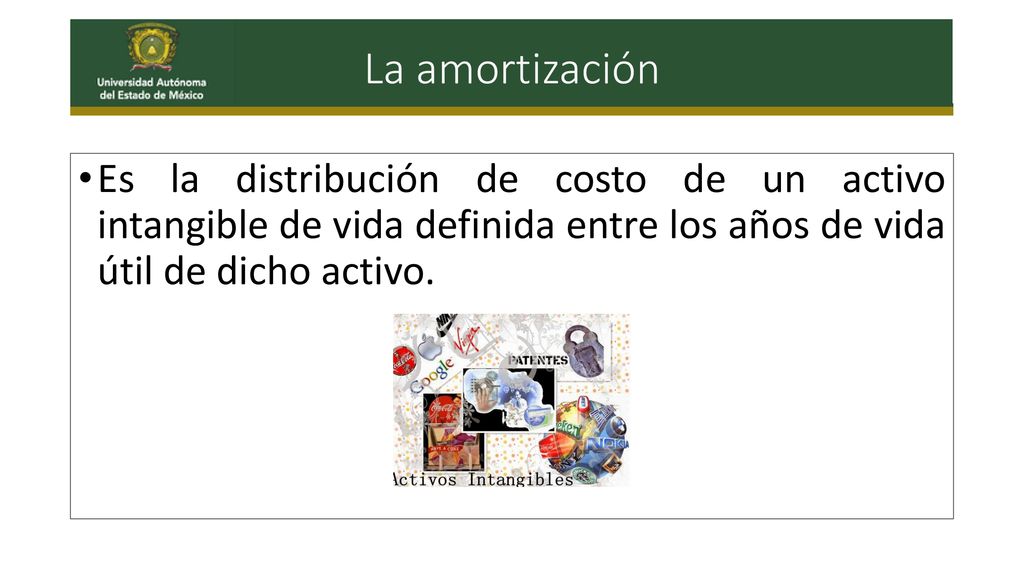La amortización Es la distribución de costo de un activo intangible de vida definida entre los años de vida útil de dicho activo.