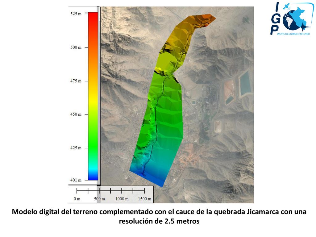 Modelo digital del terreno complementado con el cauce de la quebrada Jicamarca con una resolución de 2.5 metros