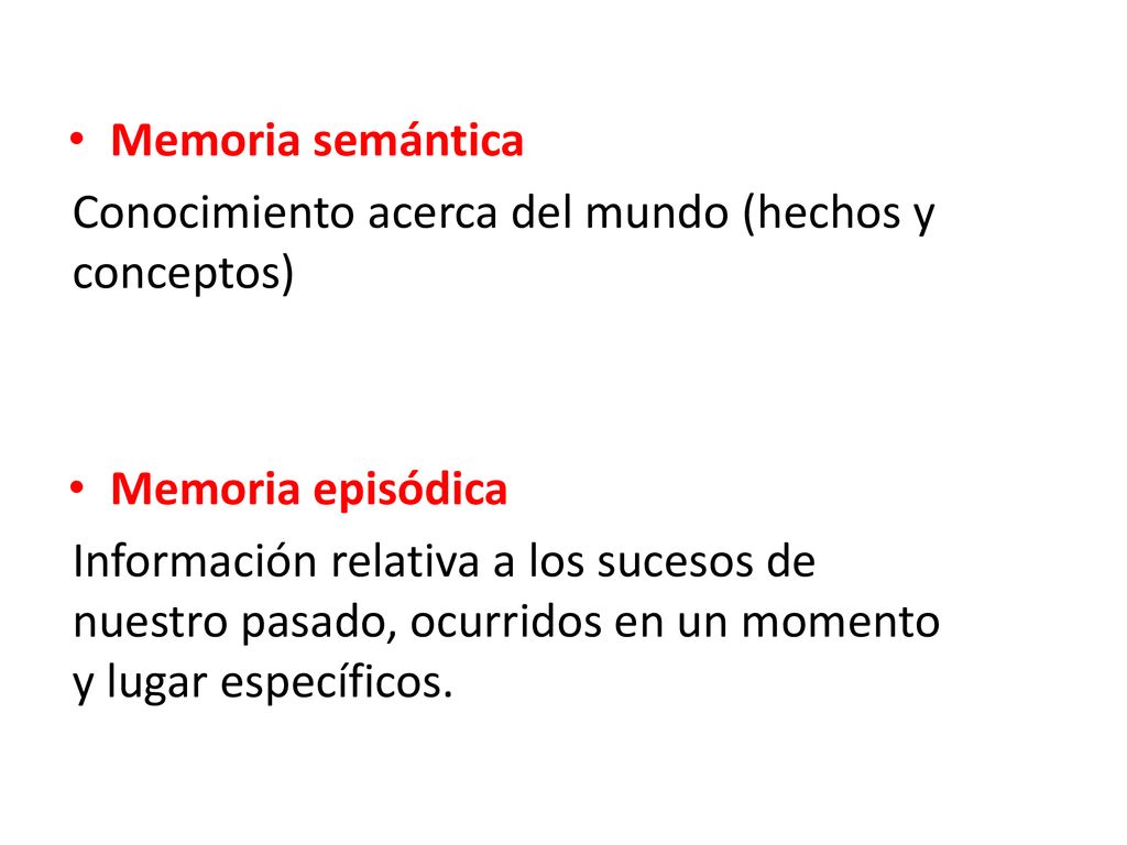 Memoria semántica Conocimiento acerca del mundo (hechos y conceptos) Memoria episódica.