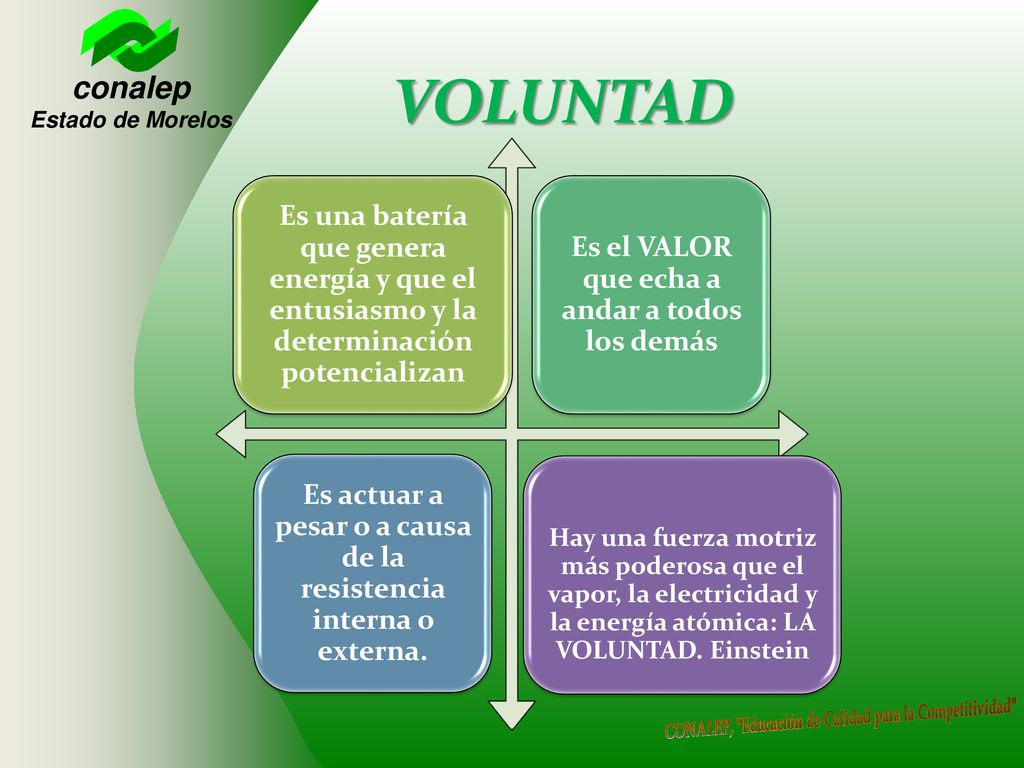 VOLUNTAD Es una batería que genera energía y que el entusiasmo y la determinación potencializan. Es el VALOR que echa a andar a todos los demás.