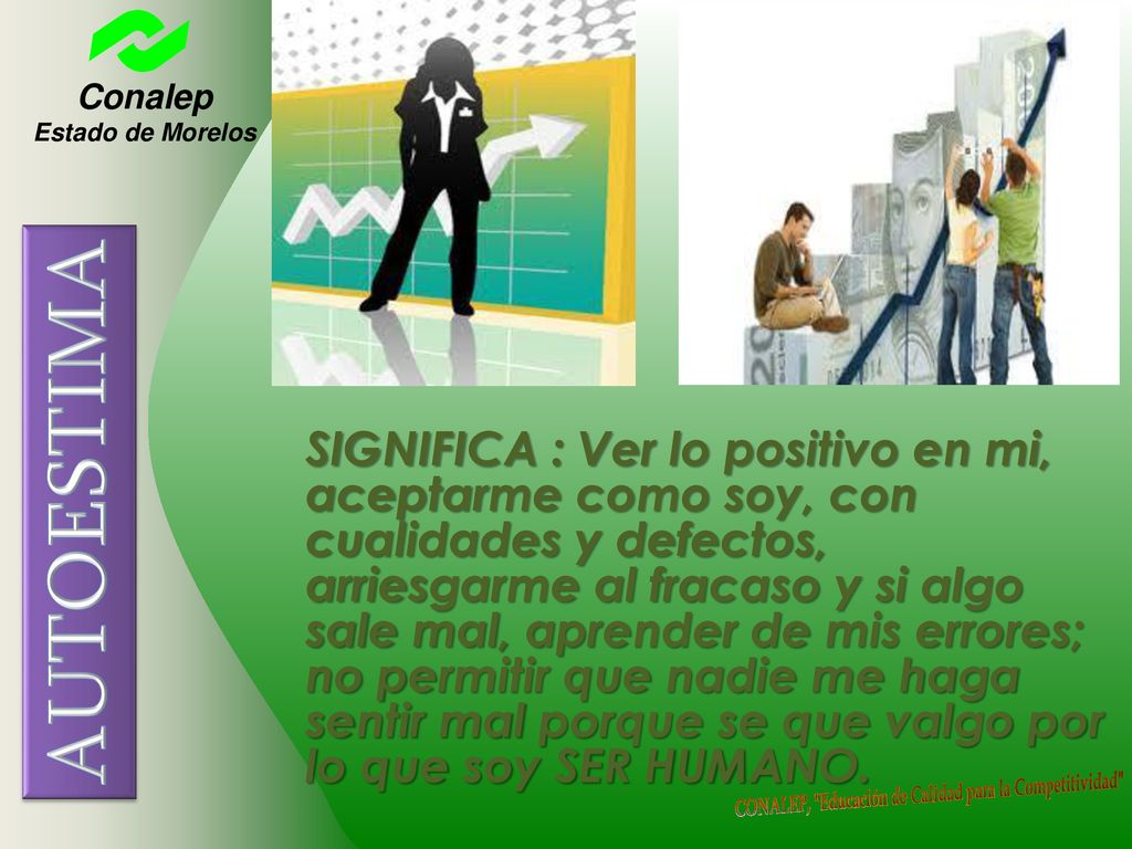 SIGNIFICA : Ver lo positivo en mi, aceptarme como soy, con cualidades y defectos, arriesgarme al fracaso y si algo sale mal, aprender de mis errores; no permitir que nadie me haga sentir mal porque se que valgo por lo que soy SER HUMANO.