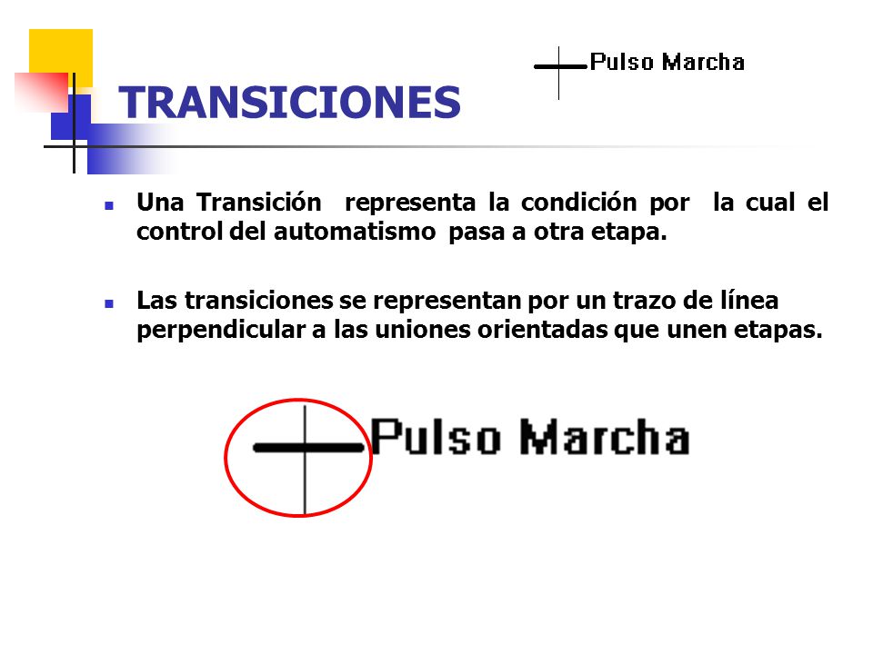 TRANSICIONES Una Transición representa la condición por la cual el control del automatismo pasa a otra etapa.