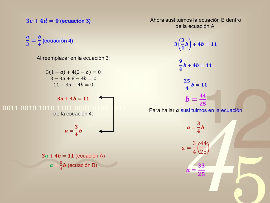 𝒃= 𝟒𝟒 𝟐𝟓 𝒂 𝟑 = 𝒃 𝟒 (ecuación 4) 𝟑𝒄+𝟒𝒅=𝟎 (ecuación 3) 𝑎=