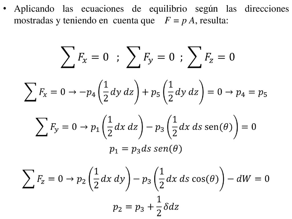 Aplicando las ecuaciones de equilibrio según las direcciones mostradas y teniendo en cuenta que F = p A, resulta: