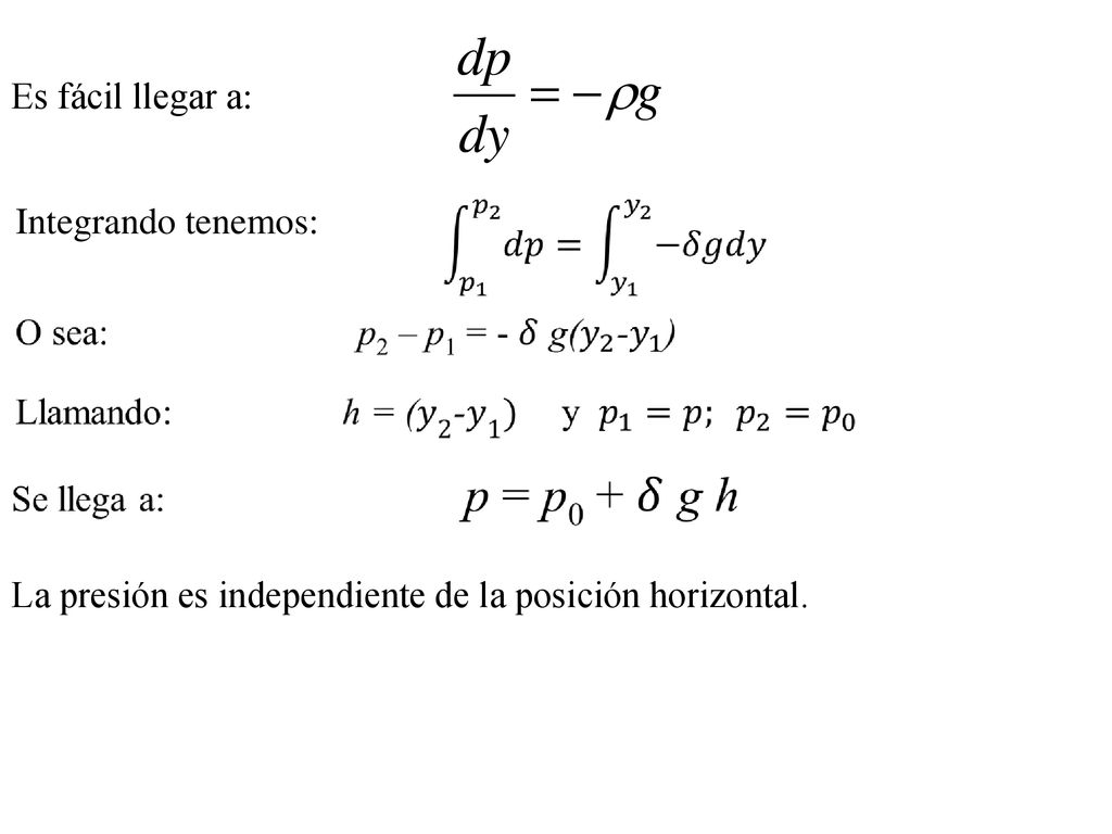 Es fácil llegar a: Integrando tenemos: La presión es independiente de la posición horizontal.