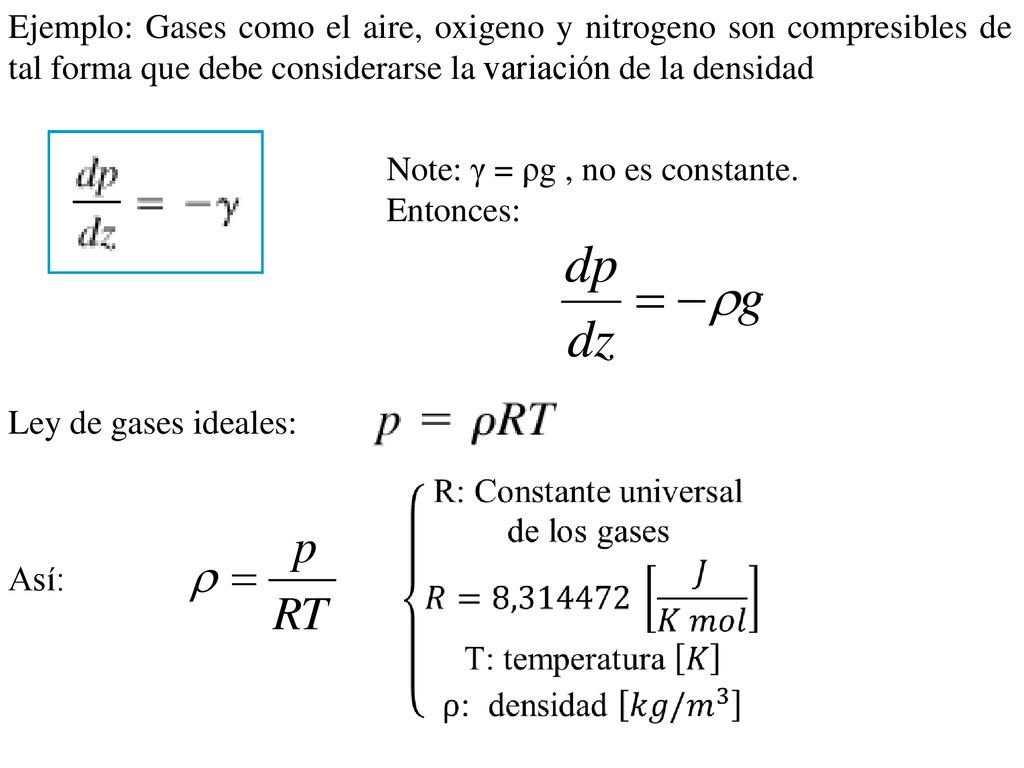 Ejemplo: Gases como el aire, oxigeno y nitrogeno son compresibles de tal forma que debe considerarse la variación de la densidad