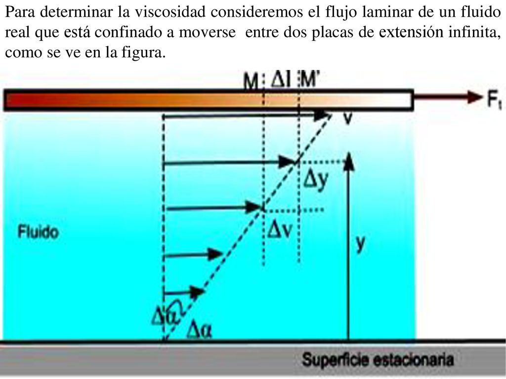 Para determinar la viscosidad consideremos el flujo laminar de un fluido real que está confinado a moverse entre dos placas de extensión infinita, como se ve en la figura.