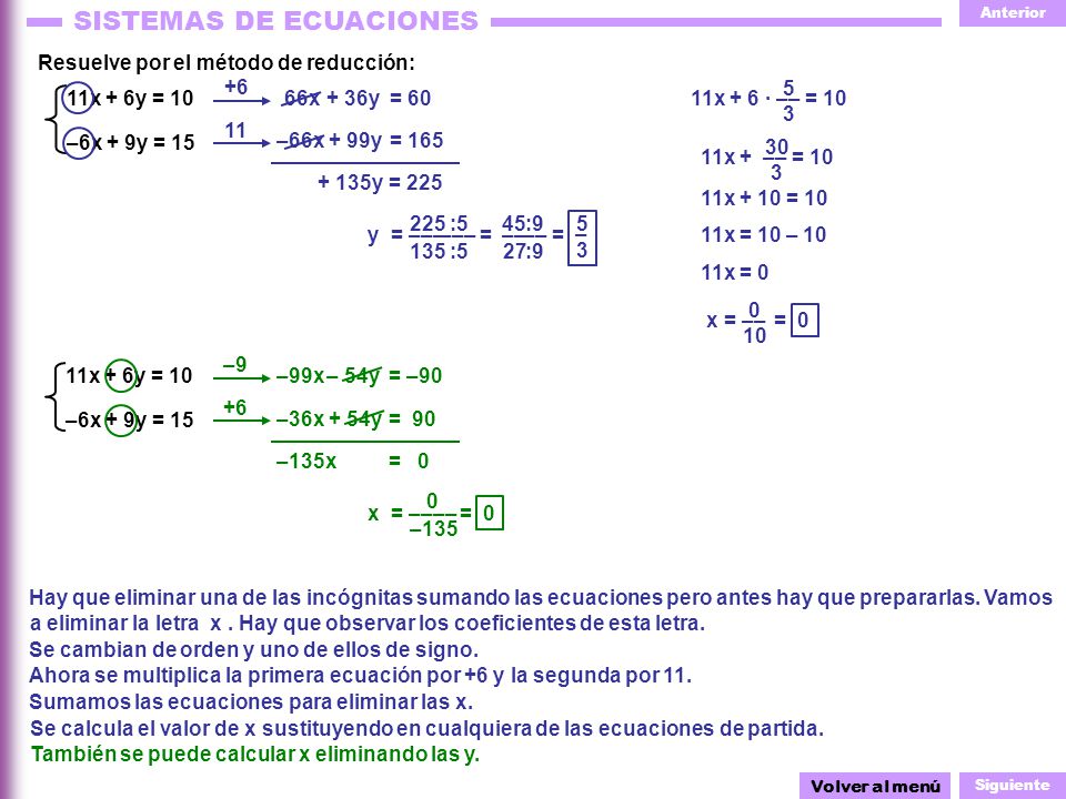 Resuelve por el método de reducción: x + 6y = 10