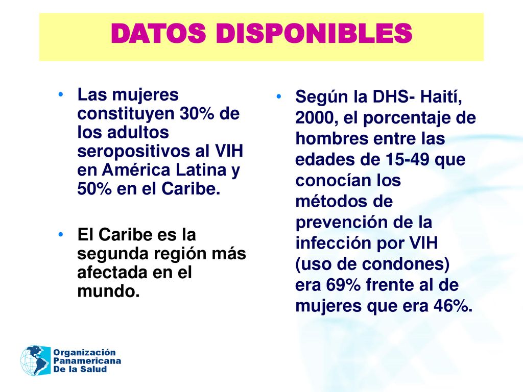2004 DATOS DISPONIBLES. Las mujeres constituyen 30% de los adultos seropositivos al VIH en América Latina y 50% en el Caribe.