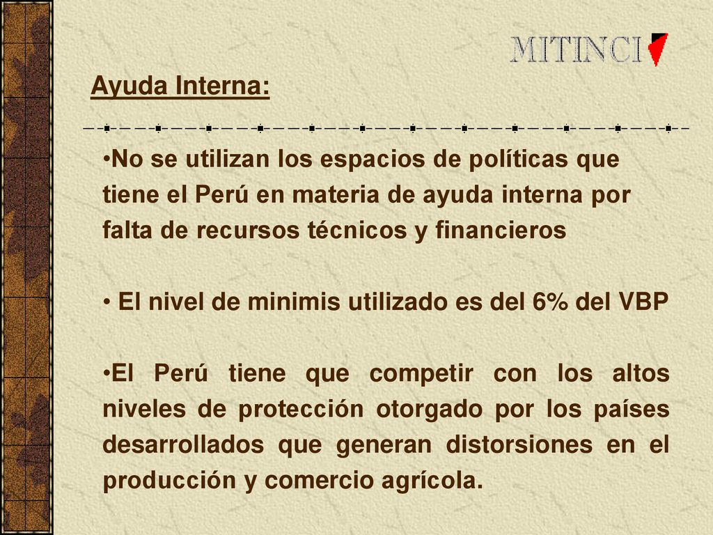 Ayuda Interna: No se utilizan los espacios de políticas que tiene el Perú en materia de ayuda interna por falta de recursos técnicos y financieros.
