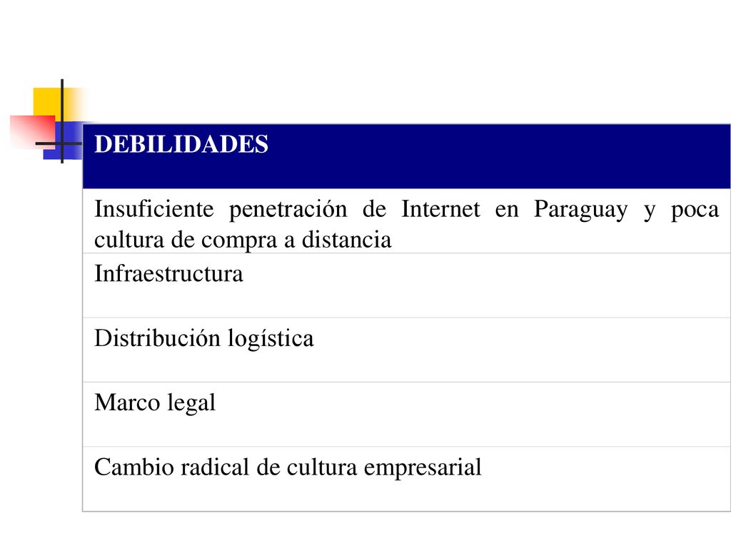 DEBILIDADES Insuficiente penetración de Internet en Paraguay y poca cultura de compra a distancia. Infraestructura.