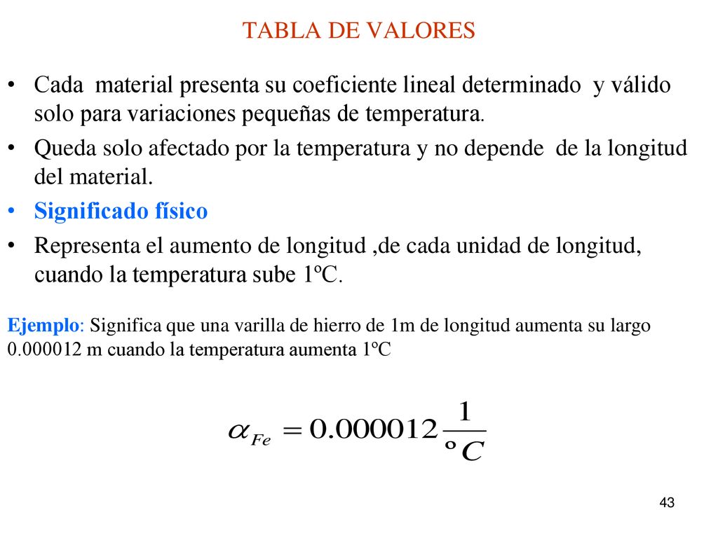 TABLA DE VALORES Cada material presenta su coeficiente lineal determinado y válido solo para variaciones pequeñas de temperatura.
