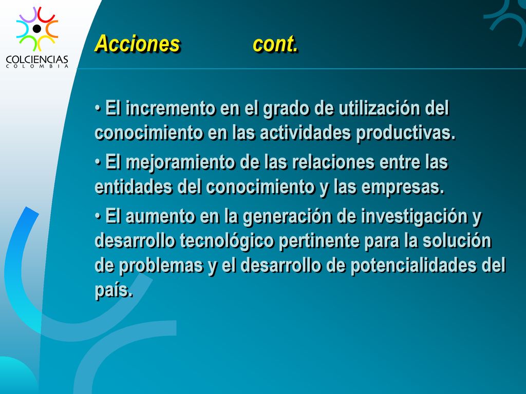 Acciones cont. El incremento en el grado de utilización del conocimiento en las actividades productivas.