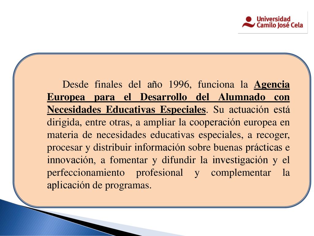 Desde finales del año 1996, funciona la Agencia Europea para el Desarrollo del Alumnado con Necesidades Educativas Especiales.