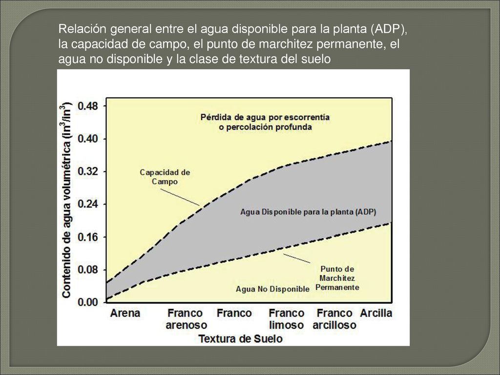 Relación general entre el agua disponible para la planta (ADP), la capacidad de campo, el punto de marchitez permanente, el agua no disponible y la clase de textura del suelo