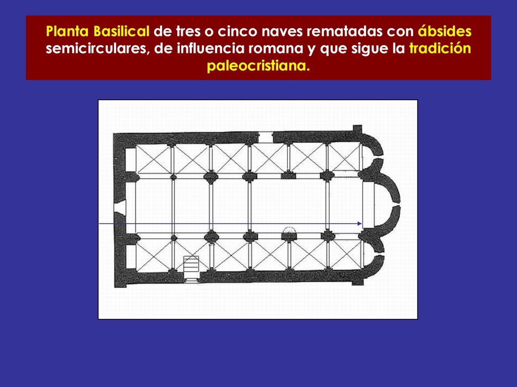 Planta Basilical de tres o cinco naves rematadas con ábsides semicirculares, de influencia romana y que sigue la tradición paleocristiana.