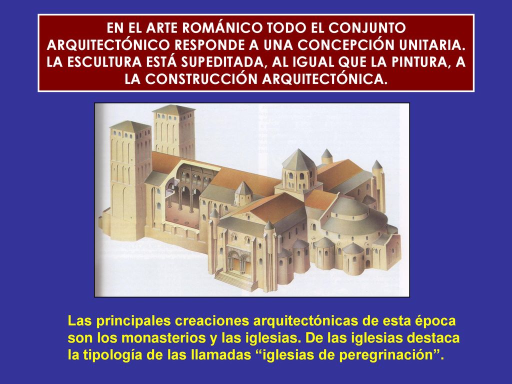 EN EL ARTE ROMÁNICO TODO EL CONJUNTO ARQUITECTÓNICO RESPONDE A UNA CONCEPCIÓN UNITARIA. LA ESCULTURA ESTÁ SUPEDITADA, AL IGUAL QUE LA PINTURA, A LA CONSTRUCCIÓN ARQUITECTÓNICA.
