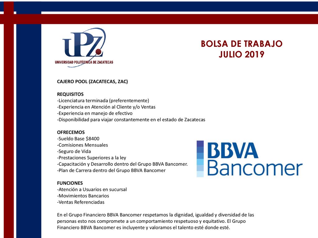 BOLSA DE TRABAJO JULIO 2019 CAJERO POOL (ZACATECAS, ZAC) REQUISITOS