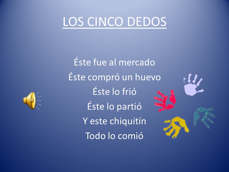 LOS CINCO DEDOS Éste fue al mercado Éste compró un huevo Éste lo frió Éste lo partió Y este chiquitín Todo lo comió