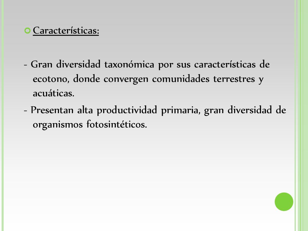 Características: - Gran diversidad taxonómica por sus características de ecotono, donde convergen comunidades terrestres y acuáticas.
